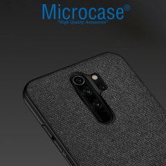 Microcase Xiaomi Redmi 9 Fabrik Serisi Kumaş ve Deri Desen Kılıf -Siyah + Tempered Glass Cam Koruma