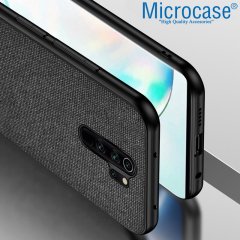 Microcase Xiaomi Redmi 9 Fabrik Serisi Kumaş ve Deri Desen Kılıf -Siyah + Tempered Glass Cam Koruma