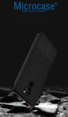Microcase Xiaomi Redmi 9 Fabrik Serisi Kumaş ve Deri Desen Kılıf -Siyah + Tempered Glass Cam Koruma