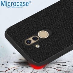 Microcase Huawei Mate 20 Lite Fabrik Serisi Kumaş ve Deri Desen Kılıf - Siyah + Tempered Glass Cam Koruma
