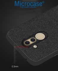 Microcase Huawei Mate 20 Lite Fabrik Serisi Kumaş ve Deri Desen Kılıf - Siyah + Tempered Glass Cam Koruma