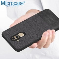 Microcase Huawei Mate 20 Lite Fabrik Serisi Kumaş ve Deri Desen Kılıf - Siyah + Tempered Glass Cam Koruma
