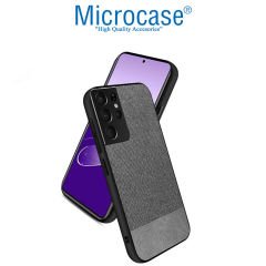 Microcase Samsung Galaxy S21 Ultra Fabrik Serisi Kumaş ve Deri Desen Kılıf (SEÇENEKLİ) Gri