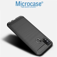 Microcase Samsung Galaxy M31 Brushed Carbon Fiber Silikon Kılıf - Siyah + Tempered Glass Cam Koruma