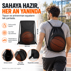 Microcase Taşınabilir Fileli Top Bölmeli Büzgülü Spor ve Basketbol Sırt Çantası Siyah AL5695