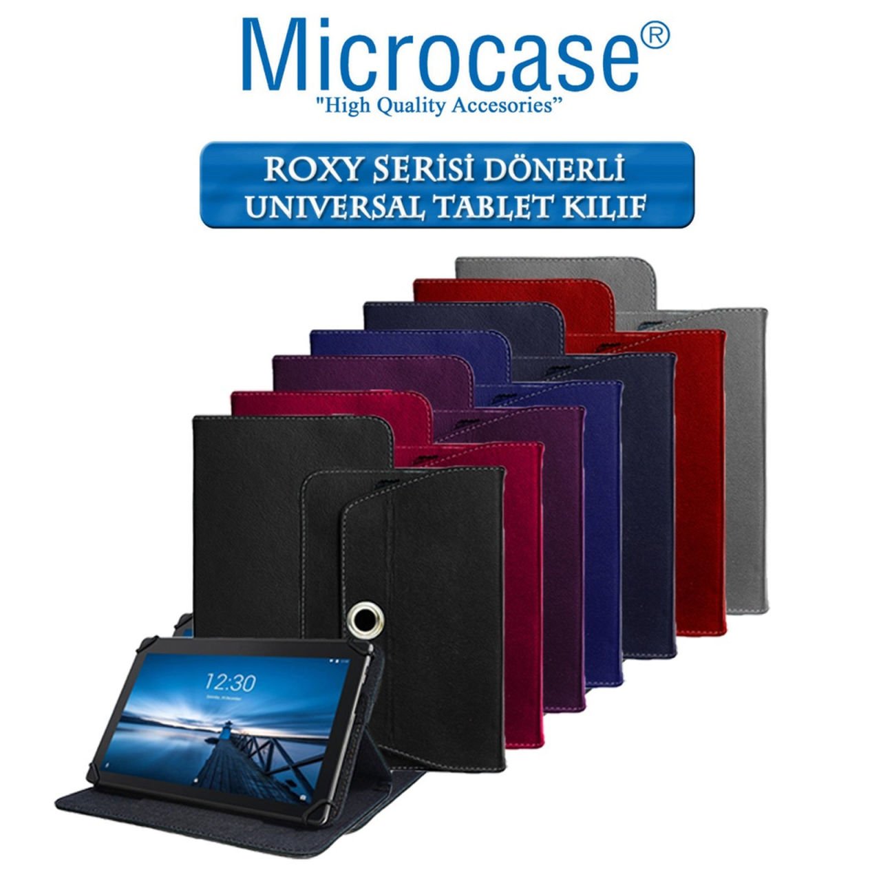Microcase Huawei Matepad T10 Roxy Serisi Universal Döner Stand Tablet Deri Kılıf Gri