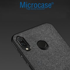 Microcase Huawei P Smart 2019 Fabrik Serisi Kumaş ve Deri Desen Kılıf - Siyah + Tempered Glass Cam Koruma