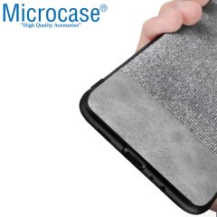 Microcase Huawei P30 Fabrik Serisi Kumaş ve Deri Desen Kılıf - Gri + Tempered Glass Cam Koruma