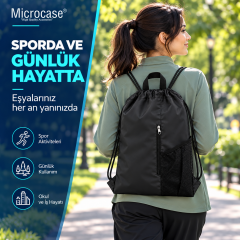 Microcase Su Geçirmez Büzgülü Çok Amaçlı Fileli ve Fermuarlı Suluk Bölmeli Spor Okul ve Gezi Çantası 45 x 35 CM Siyah AL7006