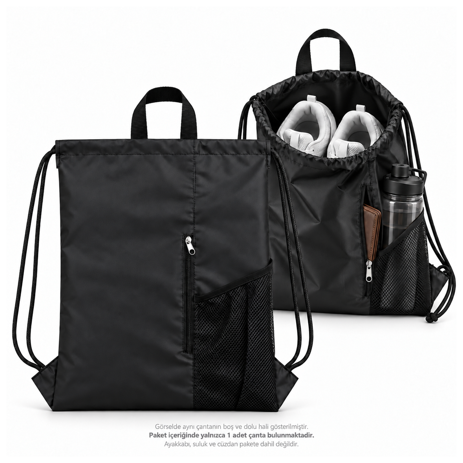 Microcase Su Geçirmez Büzgülü Çok Amaçlı Fileli ve Fermuarlı Suluk Bölmeli Spor Okul ve Gezi Çantası 45 x 35 CM Siyah AL7006