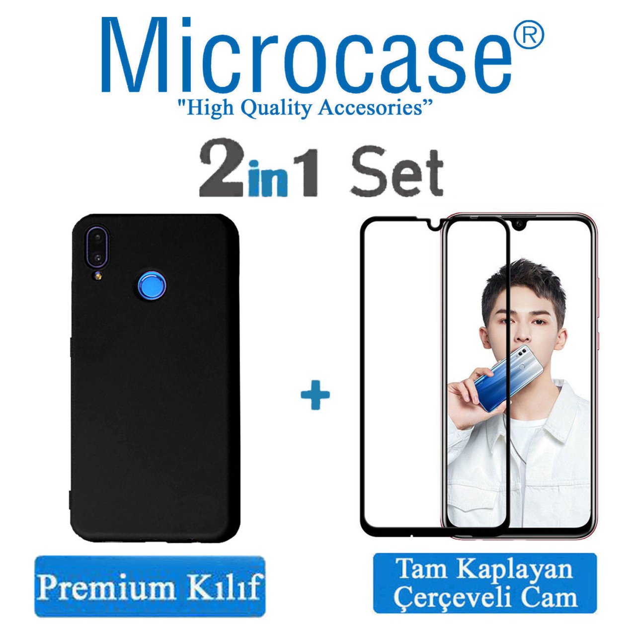 Huawei P Smart 2019 Premium Mat Silikon Kılıf + Tam Kaplayan Cam