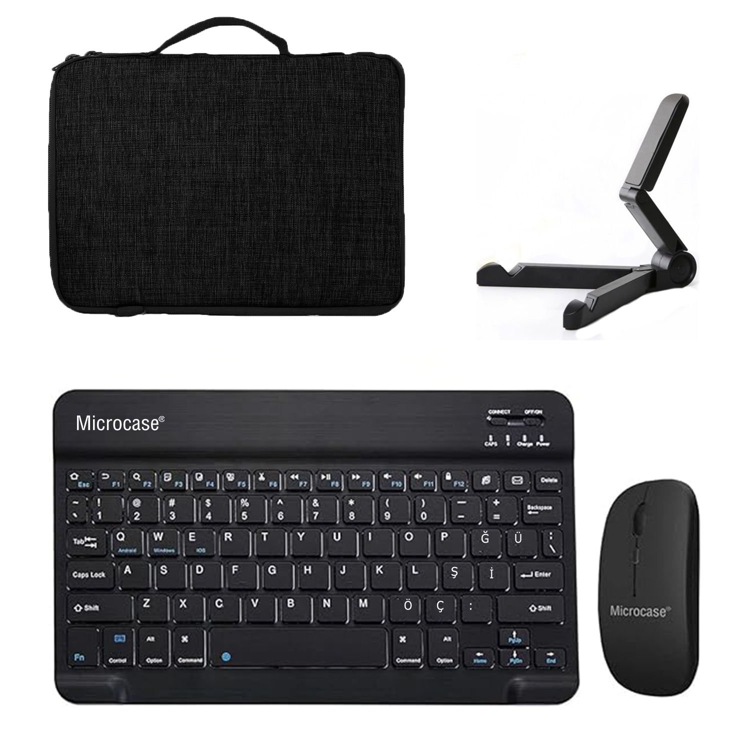 Microcase Vorcom SXPro 10.1 inch Tablet Uyumlu Tablet Çanta+Türkçe Bluetooth Klavye+Mouse+Tablet Standı-Siyah AL8128