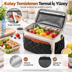 Microcase 11 LT Isı Yalıtımlı Termos Bölmeli Omuz Askılı Çok Bölmeli Beslenme ve Piknik Çantası Krem Siyah AL7044