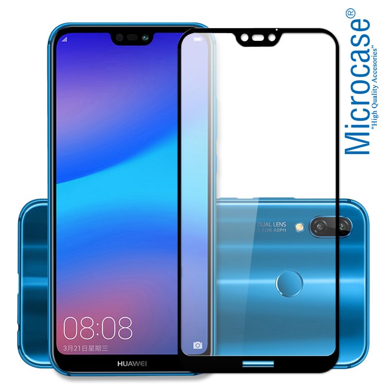 Huawei P20 Lite Tam Kaplayan Çerçeveli Tempered Cam Koruma-SİYAH