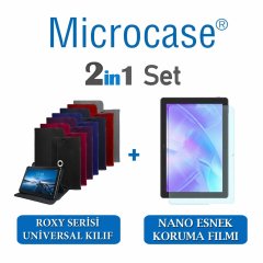 Microcase Huawei Matepad T10 Roxy Serisi Universal Döner Stand Tablet Deri Kılıf + Nano Esnek Ekran Koruma Filmi Gri