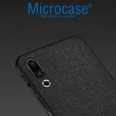 Microcase Meizu 16s Fabrik Serisi Kumaş ve Deri Desen Kılıf - Siyah + Tempered Glass Cam Koruma