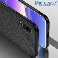 Microcase Meizu 16s Fabrik Serisi Kumaş ve Deri Desen Kılıf - Siyah + Tempered Glass Cam Koruma