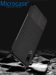 Microcase Meizu 16s Fabrik Serisi Kumaş ve Deri Desen Kılıf - Siyah + Tempered Glass Cam Koruma