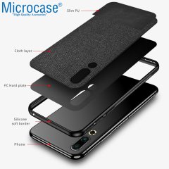 Microcase Meizu 16s Fabrik Serisi Kumaş ve Deri Desen Kılıf - Siyah + Tempered Glass Cam Koruma