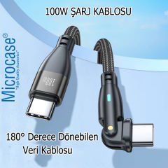 Microcase Type-C  180 Derece Döner Başlıklı  100W Hızlı  Led Işıklı Şarj Kablosu-AL4789