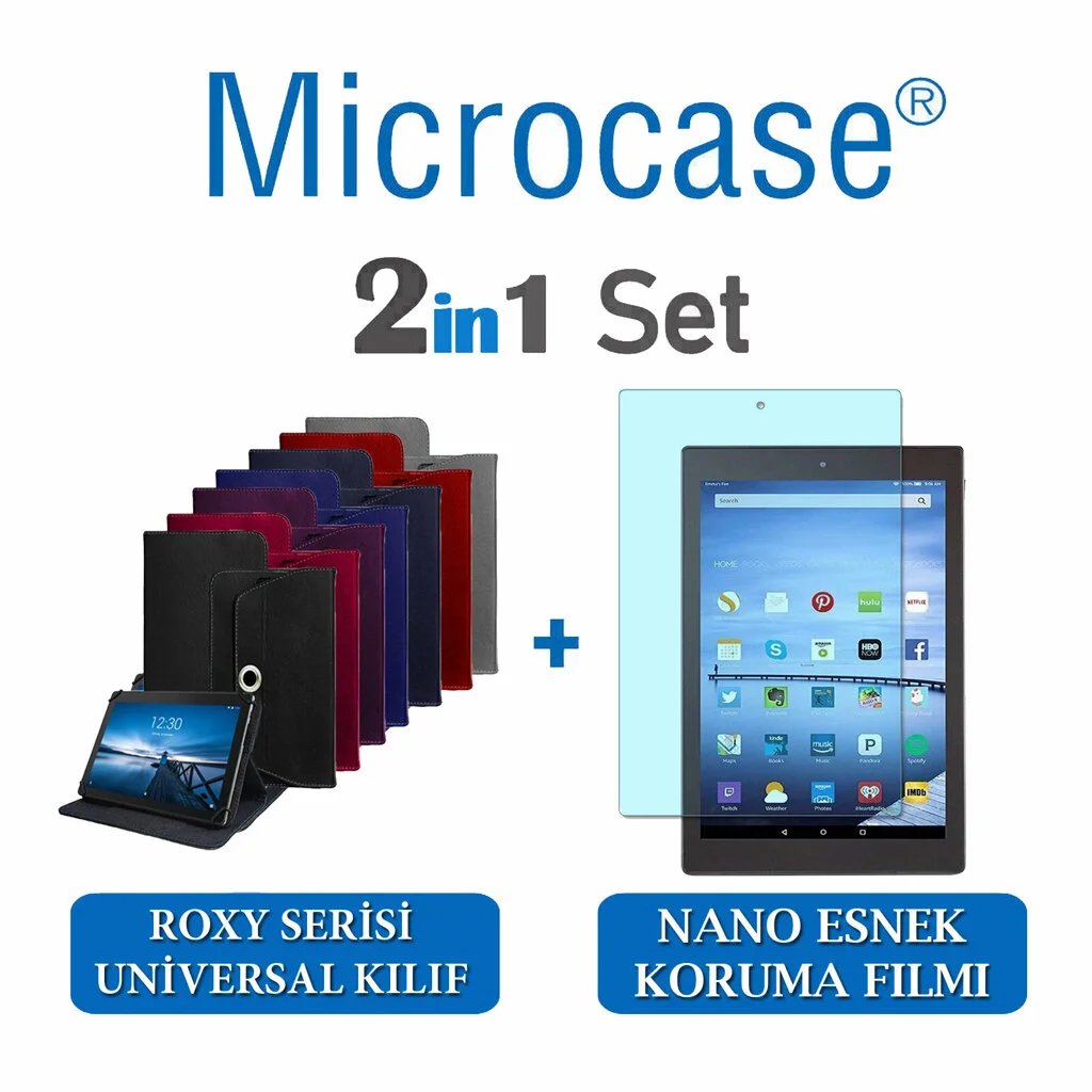 Microcase Amazon Fire HD 10 2019 Roxy Serisi Universal Döner Stand Tablet Deri Kılıf + Nano Esnek Ekran Koruma Filmi Gri
