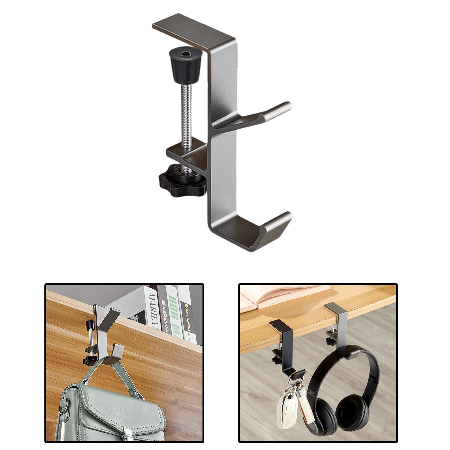 Microcase Ayarlanabilir Çift Başlı  Masaya Monte Metal Taşıyıcı  Çanta Kulaklık Poşet Eşya  vb. Tutucu-AL4788 Gri