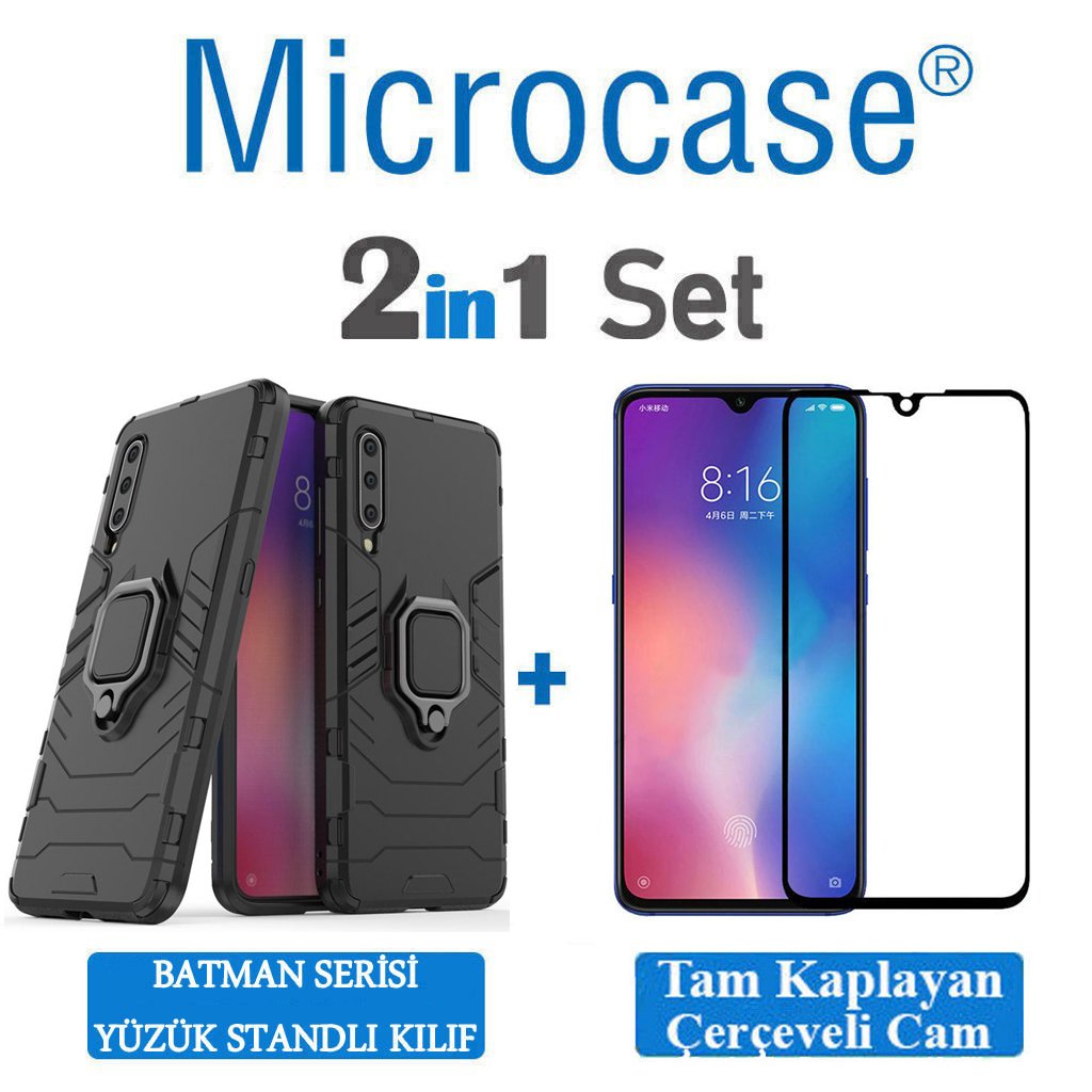 Xiaomi Mi 9 Batman Serisi Yüzüklü Kılıf + Tam Kaplayan Cam