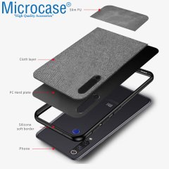 Microcase Meizu 16Xs Fabrik Serisi Kumaş ve Deri Desen Kılıf - Gri