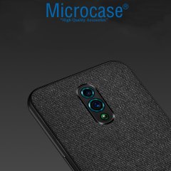 Microcase Oppo Reno Fabrik Serisi Kumaş ve Deri Desen Kılıf - Siyah + Tempered Glass Cam Koruma