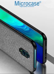 Microcase Oppo Reno Fabrik Serisi Kumaş ve Deri Desen Kılıf - Gri + Tempered Glass Cam Koruma