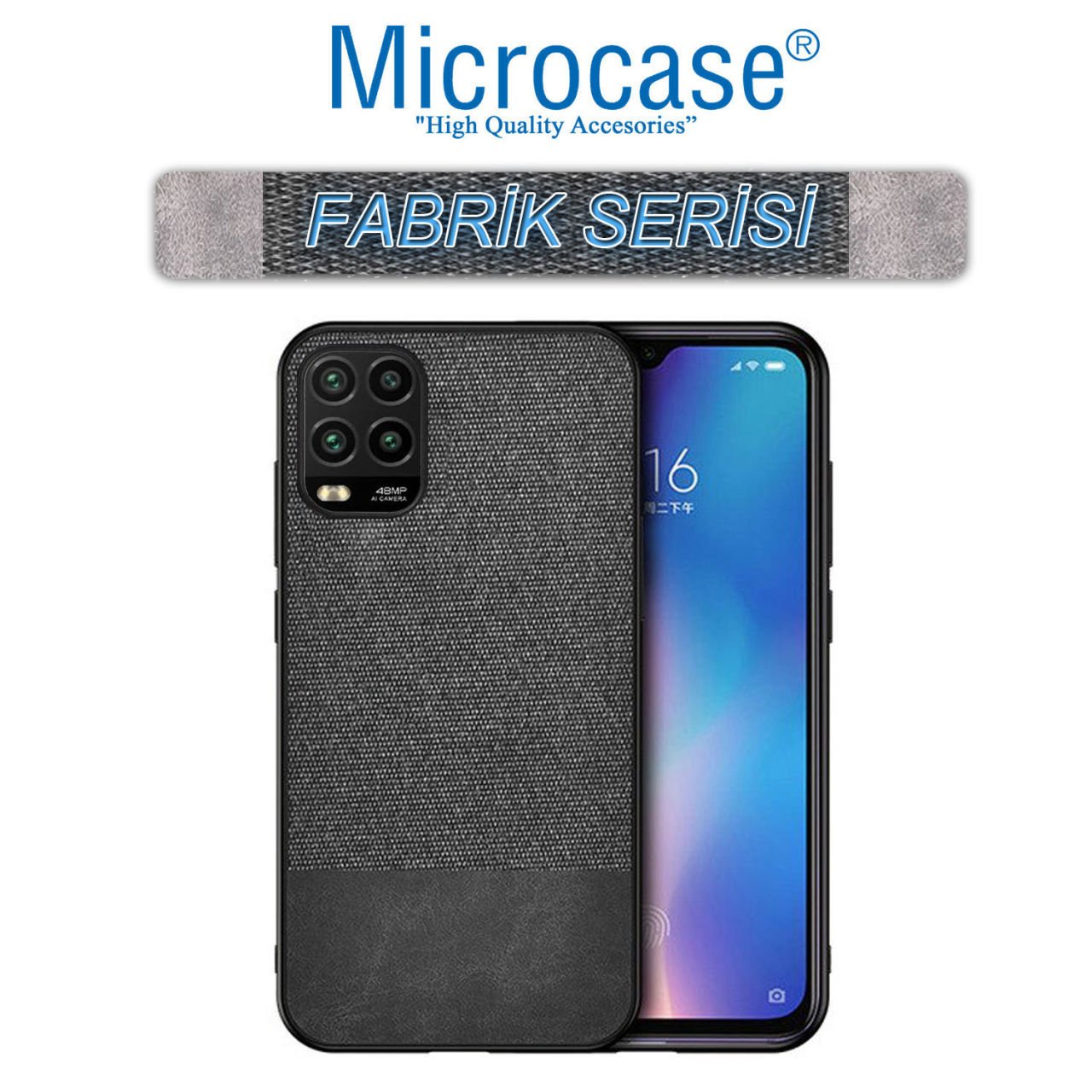 Microcase Xiaomi Mi 10 Youth Fabrik Serisi Kumaş ve Deri Desen Kılıf (SEÇENEKLİ) Gri