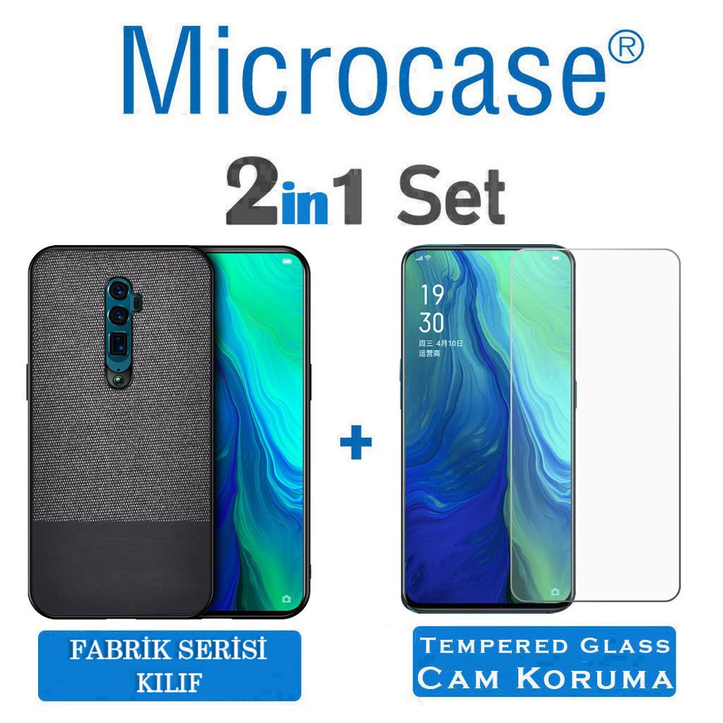 Microcase Oppo Reno 10x Zoom Fabrik Serisi Kumaş ve Deri Desen Kılıf - Siyah + Tempered Glass Cam Koruma