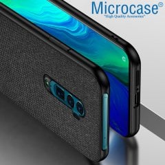 Microcase Oppo Reno 10x Zoom Fabrik Serisi Kumaş ve Deri Desen Kılıf - Siyah + Tempered Glass Cam Koruma