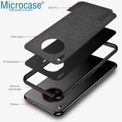 Microcase Huawei Mate 30 Fabrik Serisi Kumaş ve Deri Desen Kılıf - Siyah