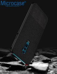 Microcase Oppo Reno 10x Zoom Fabrik Serisi Kumaş ve Deri Desen Kılıf - Siyah + Tempered Glass Cam Koruma