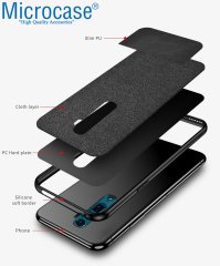Microcase Oppo Reno 10x Zoom Fabrik Serisi Kumaş ve Deri Desen Kılıf - Siyah + Tempered Glass Cam Koruma
