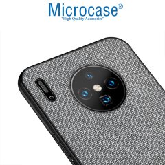 Microcase Huawei Mate 30 PRO Fabrik Serisi Kumaş ve Deri Desen Kılıf - Gri + Tempered Glass Cam Koruma