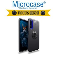 Microcase Huawei Nova 5T - Honor 20 Focus Serisi Yüzük Standlı Silikon Kılıf - Siyah + Tempered Glass Cam Koruma