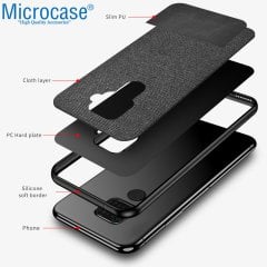Microcase Huawei Mate 30 Lite Fabrik Serisi Kumaş ve Deri Desen Kılıf - Siyah + Tempered Glass Cam Koruma