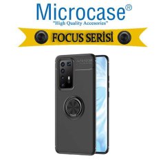 Microcase Huawei P40 Focus Serisi Yüzük Standlı Silikon Kılıf - Siyah + Tempered Glass Cam Koruma