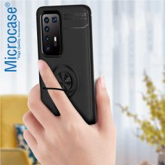 Microcase Huawei P40 Focus Serisi Yüzük Standlı Silikon Kılıf - Siyah + Tempered Glass Cam Koruma