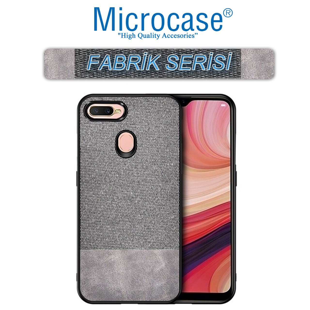 Microcase Oppo A5s Fabrik Serisi Kumaş ve Deri Desen Kılıf - Gri