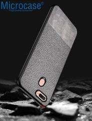 Microcase Oppo A5s Fabrik Serisi Kumaş ve Deri Desen Kılıf - Gri