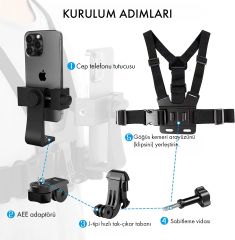 Microcase Aksiyon Kamera ve Telefon Uyumlu Göğüs Askısı - 120° Ayarlanabilir Vlog Çekim Göğüs Aparatı-AL5811