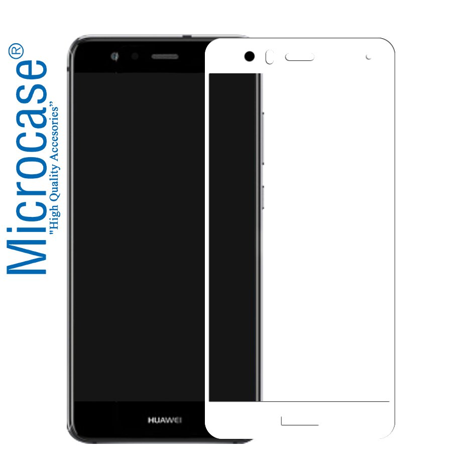 Huawei P10 Lite Tam Kaplayan Çerçeveli Tempered Cam Koruma-BEYAZ
