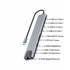 Microcase 10 in 1 Type-C Hub Çoklayıcı - 4K 60Hz HDMI, RJ45 Gigabit Ethernet, PD Şarjlı Dönüştürücü Adaptör-AL5813