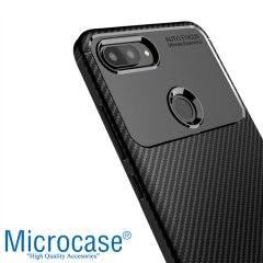 Microcase Xiaomi Mi 8 Lite Maxy Serisi Carbon Fiber Silikon Kılıf - Siyah + Tempered Glass Cam Koruma (SEÇENEKLİ)