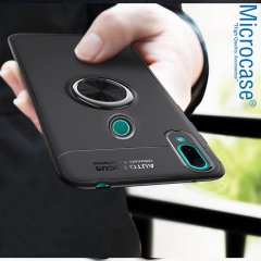 Microcase  Huawei Y7 2019 Focus Serisi Yüzük Standlı Silikon Kılıf - Siyah + Tempered Glass Cam Koruma