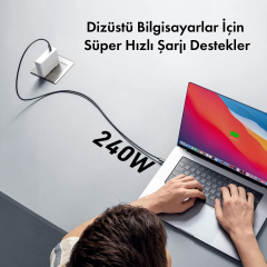 Microcase 240W Dijital Göstergeli L Tipi Type-C To Type -C 100 CM Örgülü Kablo Hızlı Şarj ve Data Kablosu -AL5817