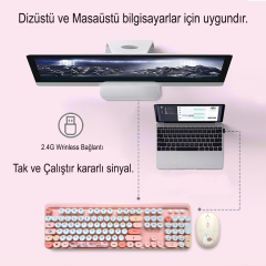 Microcase Mofii Ayıcık Desenli Kablosuz Renkli Yuvarlak Tuşlu Türkçe Klavye Mouse Set-AL4258
